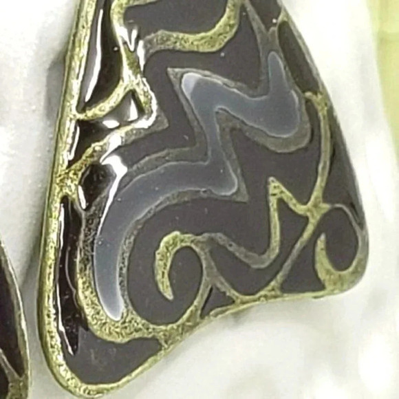 Enamel Earrings Antiqued Brass Gray and Black Triangle - Picture 7 of 7
